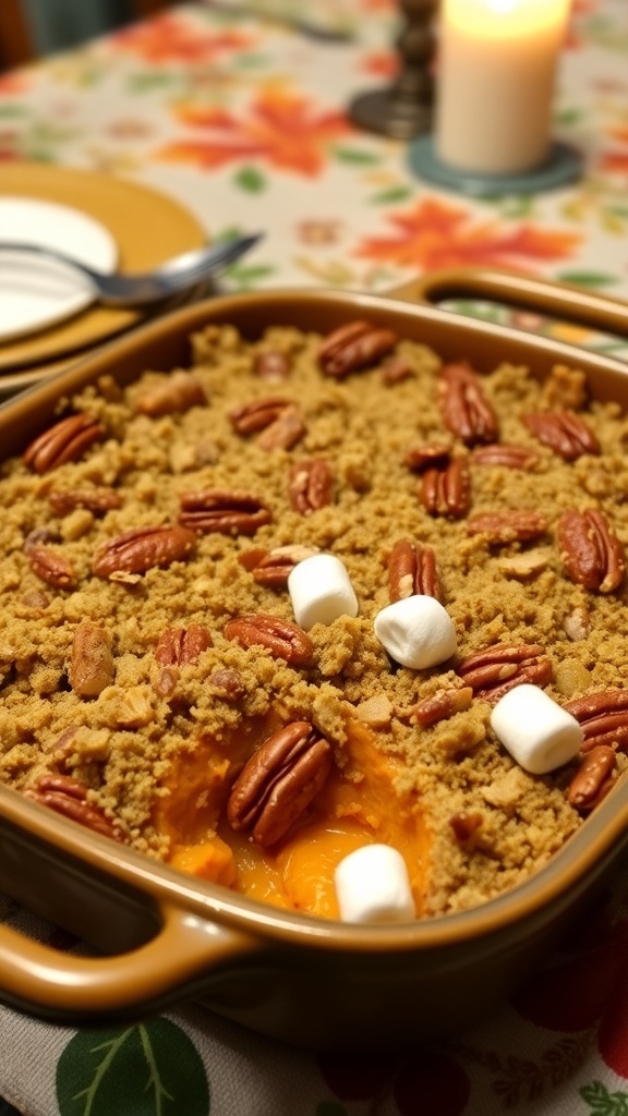 A delicious sweet potato casserole with pecan topping, served in a baking dish on a rustic table.